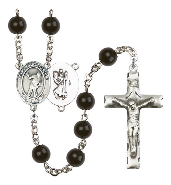 St. Christopher / Lacrosse Rosary, 7mm Black Onyx Beads, Silver Plate, # 14390