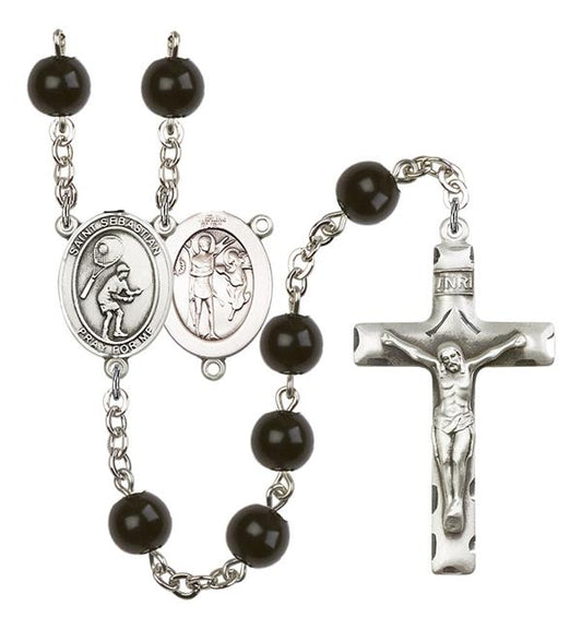 St. Sebastian / Tennis Rosary, 7mm Black Onyx Beads, Silver Plate, # 14396