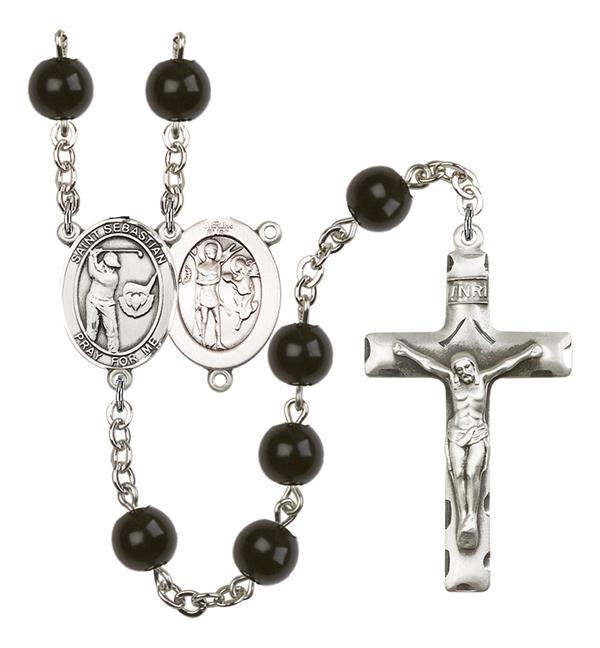 St. Sebastian / Golf Rosary, 7mm Black Onyx Beads, Silver Plate, # 14397