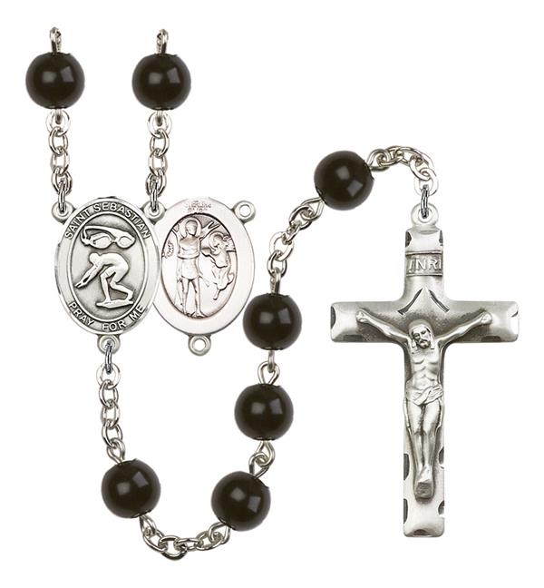 St. Sebastian / Swimming Rosary, 7mm Black Onyx Beads, Silver Plate, # 14402