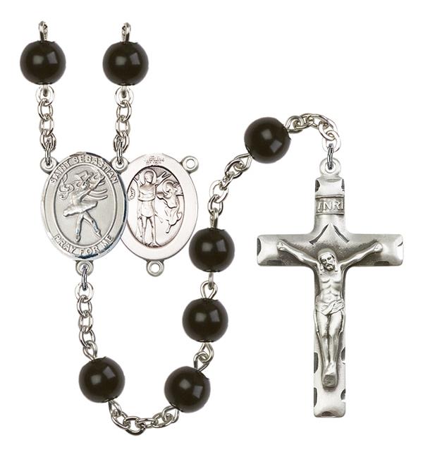 St. Sebastian / Dance Rosary, 7mm Black Onyx Beads, Silver Plate, # 14403