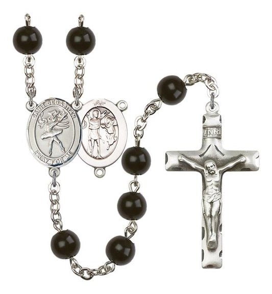 St. Sebastian / Dance Rosary, 7mm Black Onyx Beads, Silver Plate, # 14403