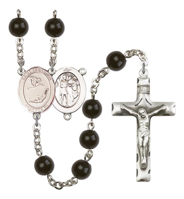 St. Sebastian / Gymnastics Rosary, 7mm Black Onyx Beads, Silver Plate, # 14404