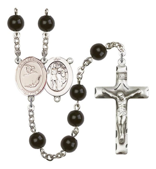 St. Sebastian / Gymnastics Rosary, 7mm Black Onyx Beads, Silver Plate, # 14404