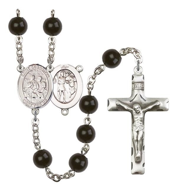 St. Sebastian / Choir Rosary, 7mm Black Onyx Beads, Silver Plate, # 14405