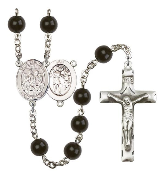 St. Sebastian / Choir Rosary, 7mm Black Onyx Beads, Silver Plate, # 14405