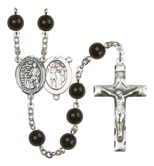 St. Sebastian / Karate Rosary, 7mm Black Onyx Beads, Silver Plate, # 14406