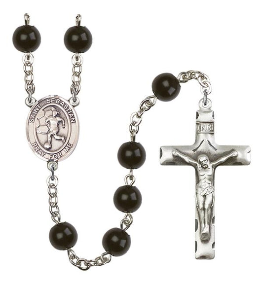 St. Sebastian / Women's Soccer Rosary, 7mm Black Onyx Beads, Silver Plate, # 14408