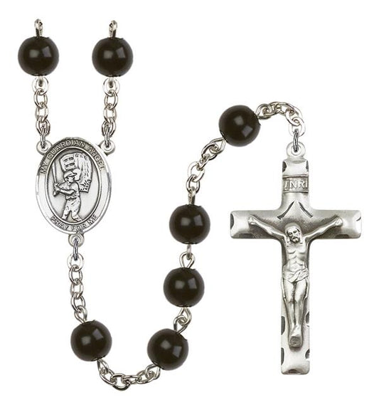 Guardian Angel / Baseball Rosary, 7mm Black Onyx Beads, Silver Plate, # 14409