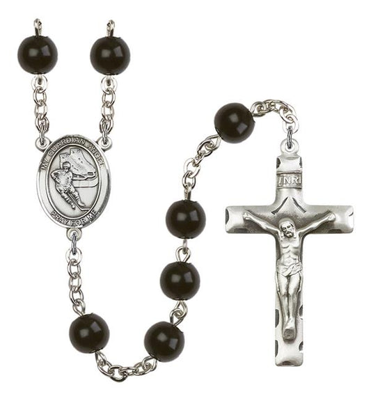 Guardian Angel / Hockey Rosary, 7mm Black Onyx Beads, Silver Plate, # 14413