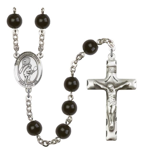 Guardian Angel / Tennis Rosary, 7mm Black Onyx Beads, Silver Plate, # 14414