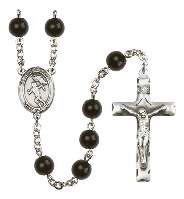 Guardian Angel / Women's Track & Field Rosary, 7mm Black Onyx Beads, Silver Plate, # 14419