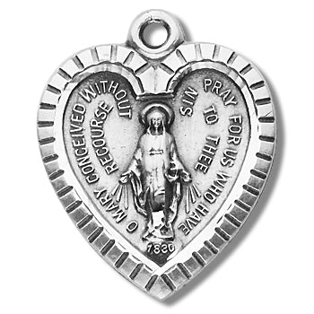 Sterling Silver Miraculous Medal, Heart Shaped, 13/16", #27074, w/ your choice of chain