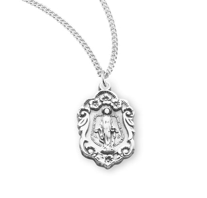 Sterling Silver Ornate Miraculous Medal, 3/4", #104445, with 18" Stainless Steel Curb Chain.