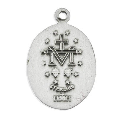 Sterling Miraculous Medal, 5/8" Oval, 18" Stainless Steel Curb Chain, # 29477