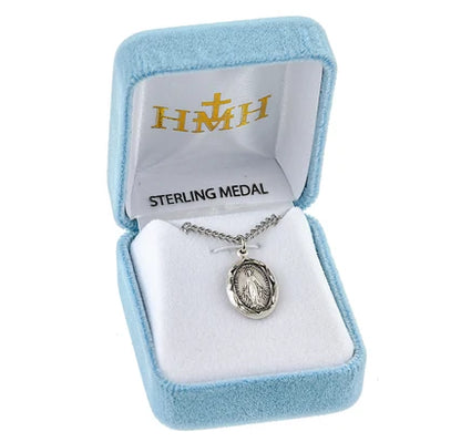 Sterling Miraculous Medal, 5/8" Oval, 18" Stainless Steel Curb Chain, # 29477