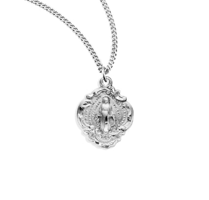 Sterling Silver Miraculous Medal, 1/2", #104444, with 18" Stainless Steel Curb Chain.