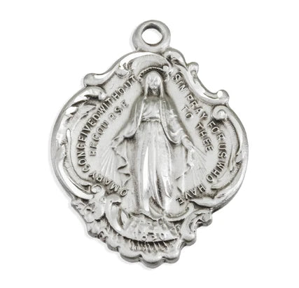 Sterling Silver Miraculous Medal with Hail Mary Prayer on Back, 7/8", #104442, with 24" Stainless Steel Curb Chain.