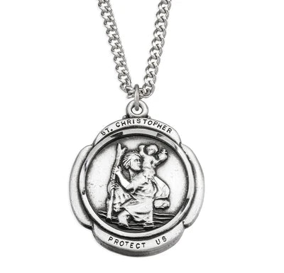 St. Christopher Medal, 1-1/16" Sterling Silver, 24" Stainless Steel Curb Chain # 41841.