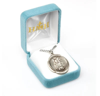 St. Christopher Medal, 1-1/16" Sterling Silver, 24" Stainless Steel Curb Chain # 41841.