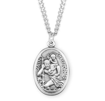 St. Christopher Oval Shaped Medal, 1 1/16" Sterling Silver, 24" Stainless Steel Curb Chain # 41842.
