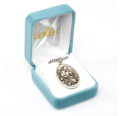 St. Christopher Oval Shaped Medal, 1 1/16" Sterling Silver, 24" Stainless Steel Curb Chain # 41842.