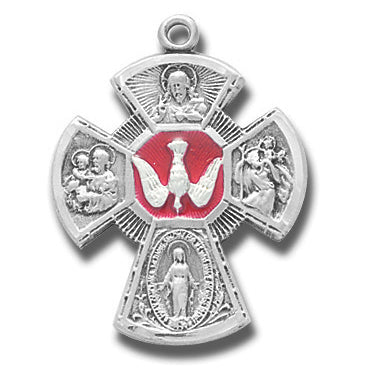 Red Enameled 4-Way Cross, Sterling, 1", Your choice of chain, # 27206