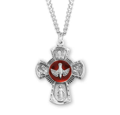 Red Enameled 4-Way Cross, Sterling, 1", 24" Stainless Steel Curb Chain # 27206