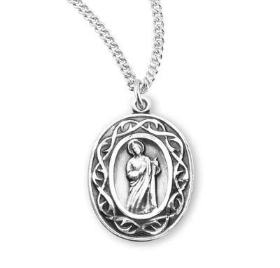 Sterling St. Jude Crown of Thorns Medal, 7/8", 18" Stainless Steel Curb Chain# 29493