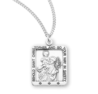 Sterling Silver Rectangular St. Christopher, 13/16", 18" Stainless Steel Curb Chain# 29466