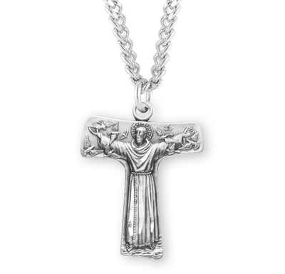 Sterling Silver St. Francis Tau Cross, 1", 24" Stainless Steel Curb Chain# 29377