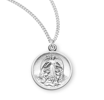 Sterling Silver Guardian Angel Medal, 13/16" dia., 18" Stainless Steel Curb Chain# 29373