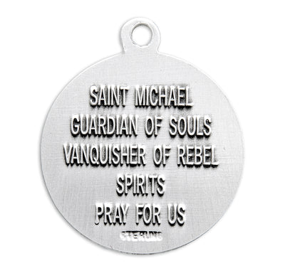 Saint Michael Round Sterling Silver Medal, 13/16", 24" Stainless Steel Curb Chain# 6532