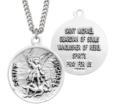 Saint Michael Round Sterling Silver Medal, 13/16", 24" Stainless Steel Curb Chain# 6532
