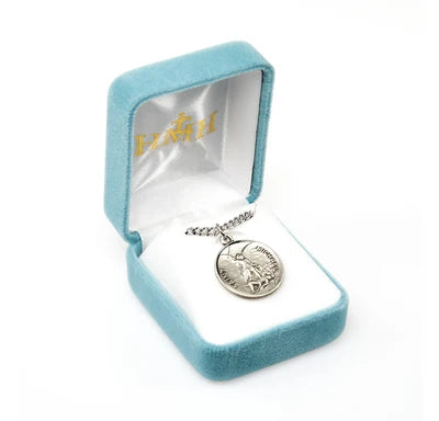 Saint Michael Round Sterling Silver Medal, 13/16", 24" Stainless Steel Curb Chain# 6532