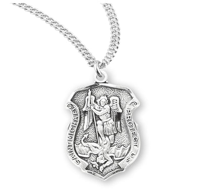 Saint Michael Sterling Silver shield Medal, 11/16", 20" Stainless Steel Curb Chain # 6556