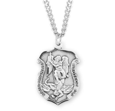 St. Michael Shield Medal, Sterling Silver, 24" Stainless Steel Curb Chain 1-1/16", # 61607