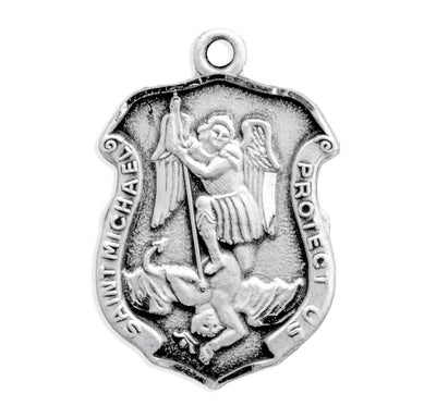 Saint Michael Sterling Silver shield Medal, 1/2", 18" Stainless Steel Curb Chain # 6560