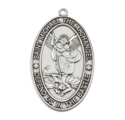 Saint Michael Oval Sterling Silver Medal,1-1/4", 24" Stainless Steel Curb Chain # 6496