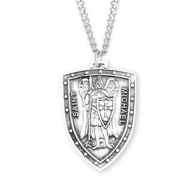 St. Michael Shield Medal, Sterling Silver, 1-3/16", 24" Stainless Steel Curb Chain # 41597