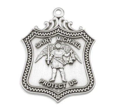 Saint Michael Sterling Silver Shield Medal, 15/16", 24" Stainless Steel Curb Chain # 6569