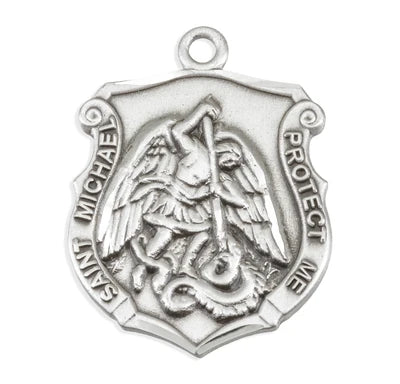 Saint Michael Sterling Silver shield Medal, 7/8", 24" Stainless Steel Curb Chain # 6564