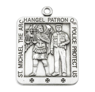 Saint Michael Police Sterling Silver Medal, 7/8", 24" Stainless Steel Curb Chain # 6563