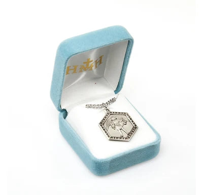 Saint Michael Hexagonal Sterling Silver Medal, 15/16", 24" Stainless Steel Curb Chain # 6521