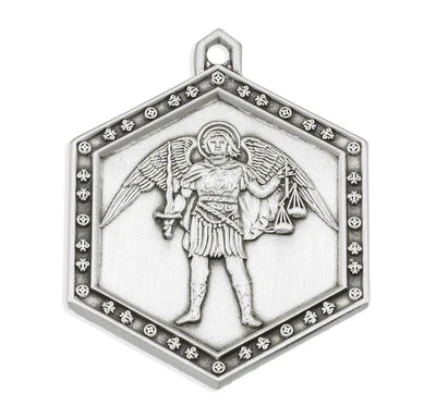Saint Michael Hexagonal Sterling Silver Medal, 15/16", 24" Stainless Steel Curb Chain # 6521