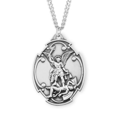 Saint Michael Sterling Silver Medal, 1-3/8", 27" Stainless Steel Curb Chain # 6555