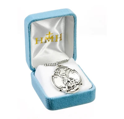 Saint Michael Sterling Silver Medal, 1-3/8", 27" Stainless Steel Curb Chain # 6555