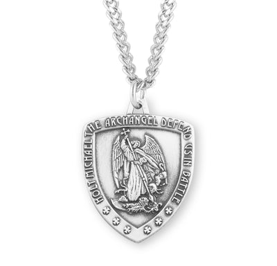 Saint Michael Sterling Silver Shield Medal, 1", 24" Stainless Steel Curb Chain # 6568