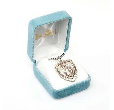 Saint Michael Sterling Silver Shield Medal, 1", 24" Stainless Steel Curb Chain # 6568
