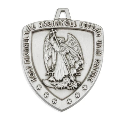 Saint Michael Sterling Silver Shield Medal, 1", 24" Stainless Steel Curb Chain # 6568